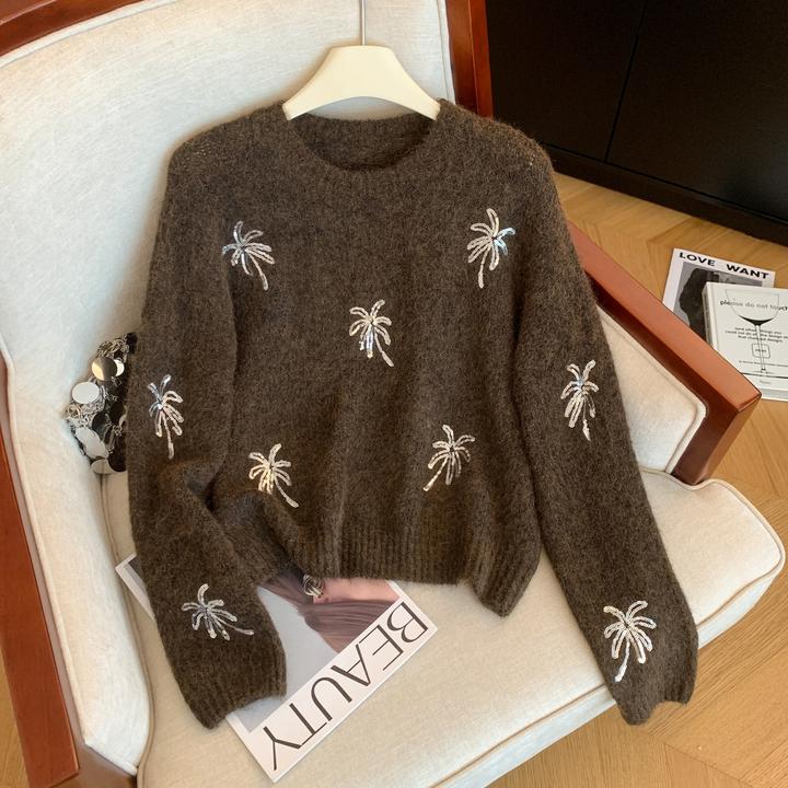 韩系复古高级感工艺亮片毛衣女秋冬季新款宽松气质显瘦百搭针织衫