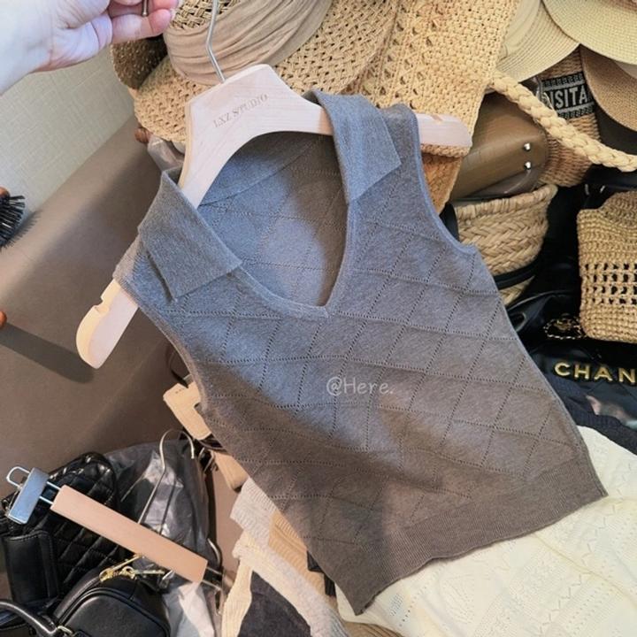 Here【星野】复古翻领无袖针织背心女