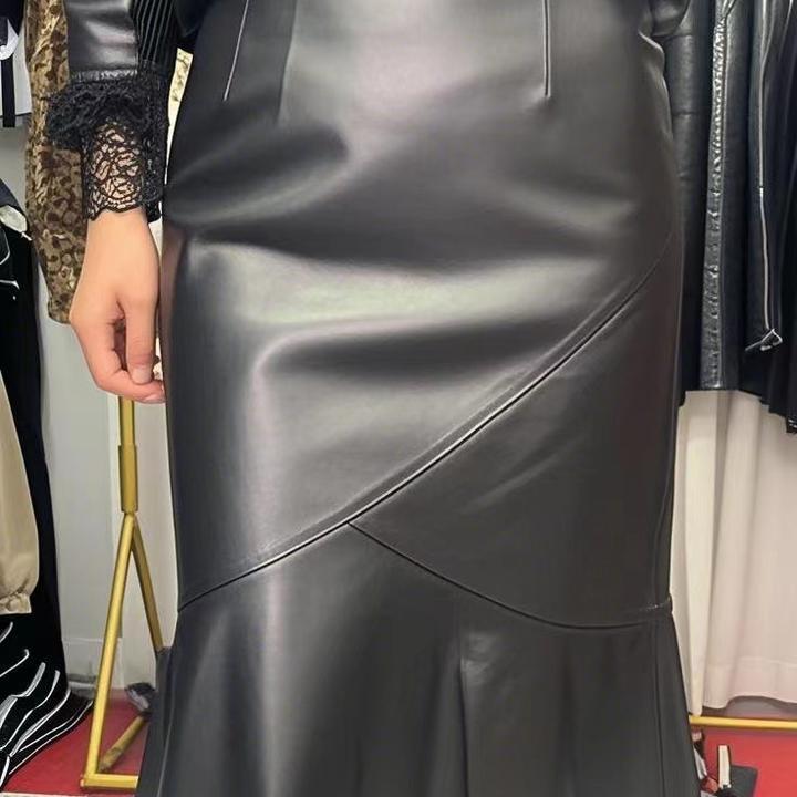 【海宁】头层绵羊皮黑色百搭高腰显瘦时尚修身鱼尾裙半身裙