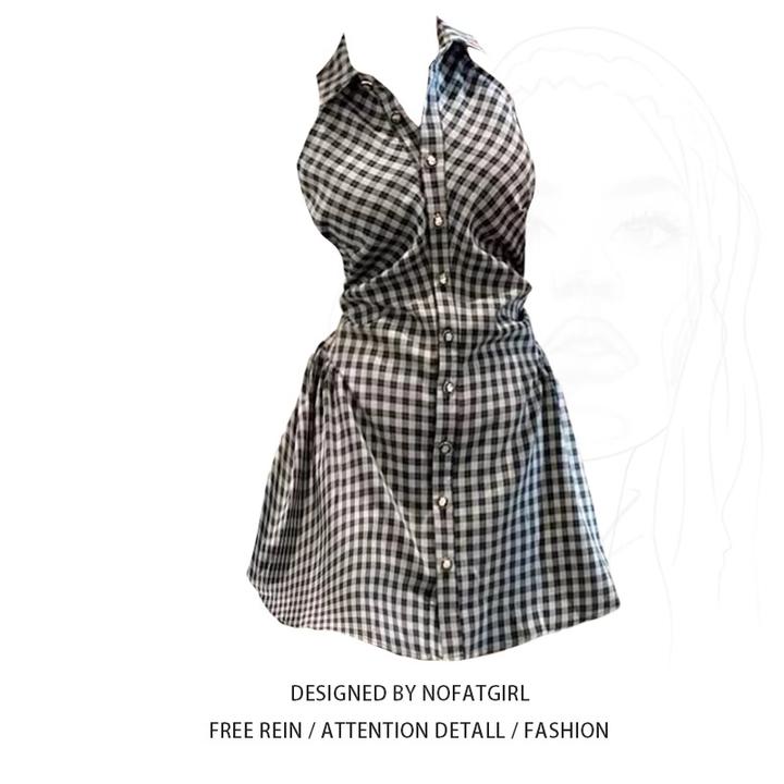 大码胖mm法式格纹无袖背心连衣裙套装女夏季收腰显瘦衬衫领短裙子
