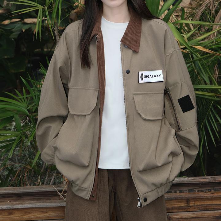 秋冬美式复古工装魔术贴拼色大口袋翻领夹克男休闲百搭情侣外套