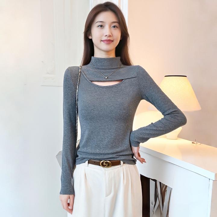 黑色半高领螺纹镂空打底衫女内搭秋冬2025百搭修身洋气设计感上衣