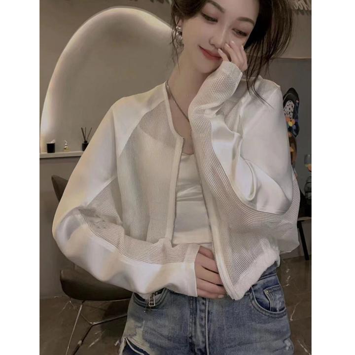 夏季新款缎面拼接网纱欧货防晒衣短款外套女百搭设计感夹克上衣