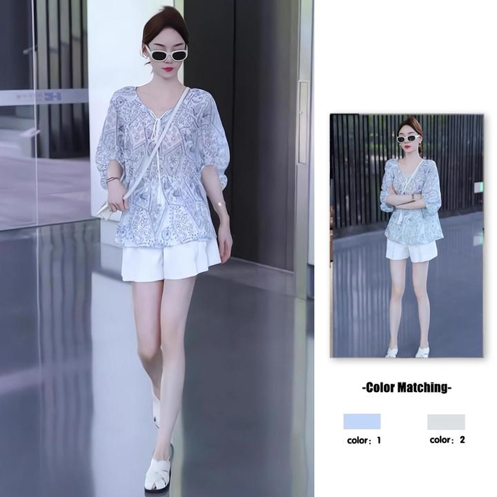 巨好看的夏装一整套2025新款青花瓷设计感上衣白色短裤两件套装女