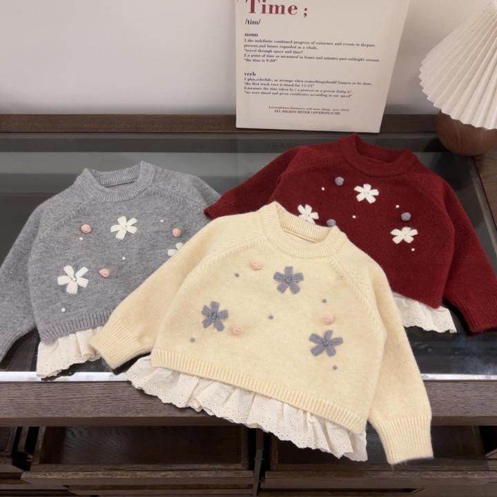 女童秋冬毛衣甜美手工钩花针织衫宝宝冬季加厚蕾丝花边套头毛衣