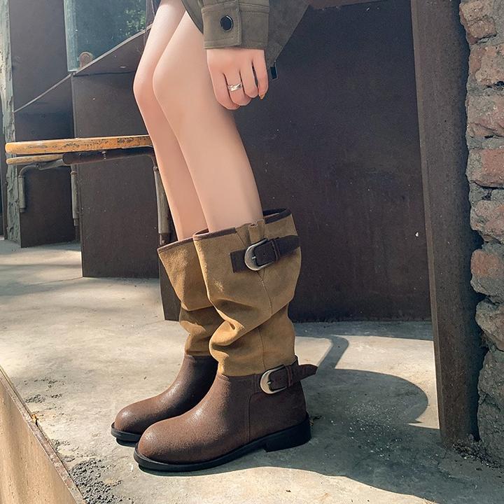 宽筒复古堆堆靴女2025年新款拼接褶皱粗跟高筒骑士靴圆头长筒靴女