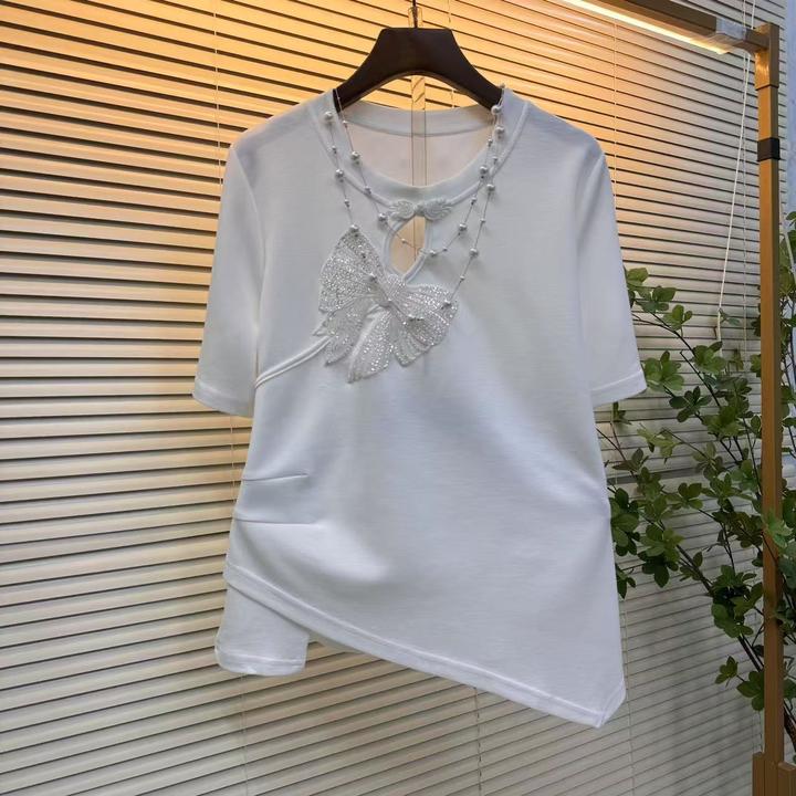 2025新款蝴蝶结设计短袖大码T恤时尚显瘦圆领夏季洋气修身上衣