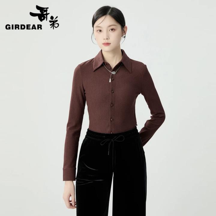 哥弟新款时尚简约百搭水波纹肌理感翻领弹力衬衫1301038