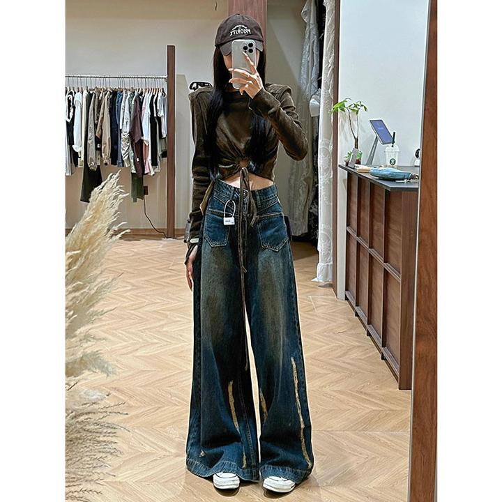 300斤特大码女装设计感毛边复古牛仔裤女2025新款高腰遮肉阔腿裤