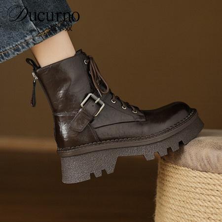 DUCURNO美拉德厚底皮带扣系带马丁靴女圆头百搭加绒短靴百搭单靴