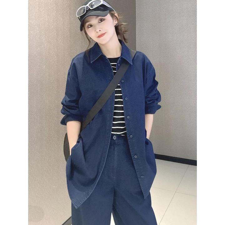 职业阿玛诗官方2025秋季新款宽松百搭休闲上衣中长款牛仔衬衫女