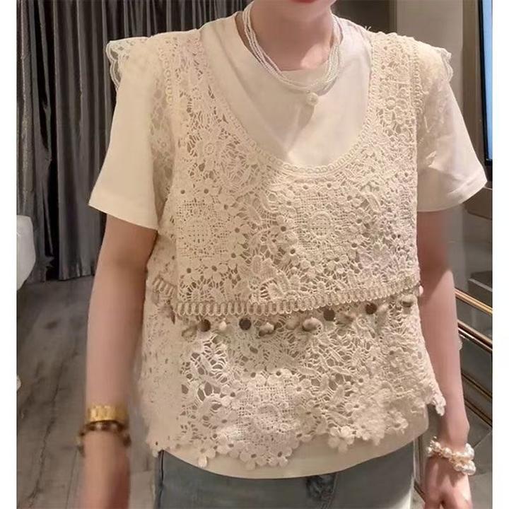 法式气质蕾丝钩花针织背心+短袖T恤上衣两件套装2025春夏新款女
