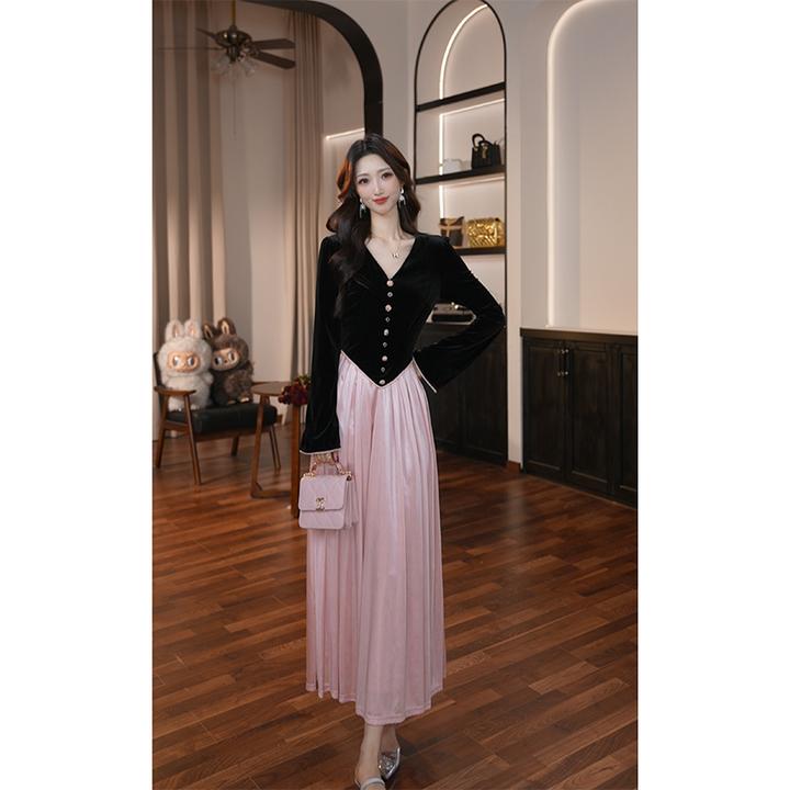 【滋滋定制】新款法式复古气质优雅V领拼接高腰长款大摆连衣裙21563