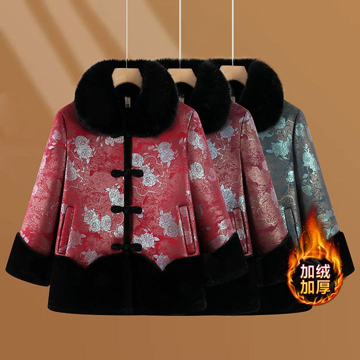 2025新款中老年女装外套秋冬奶奶加绒外套大毛领仿水貂绒妈妈外套