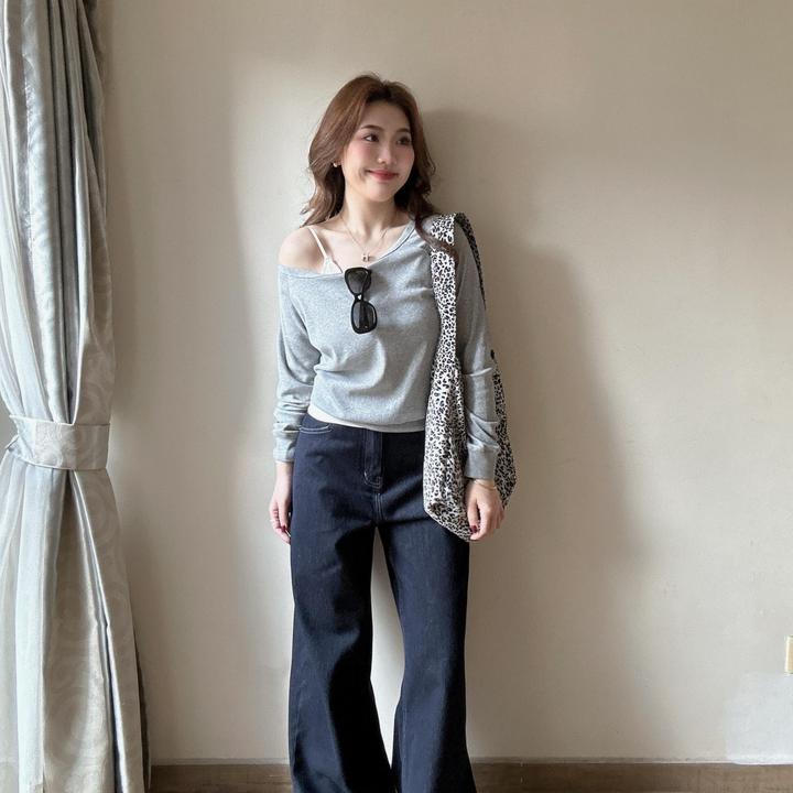 【快乐旅行】时尚休闲高级感长袖大U领T恤上衣高腰藏青色牛仔裤套装