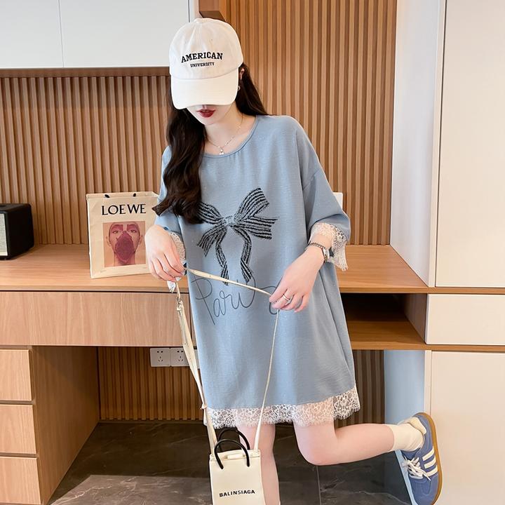 假两件圆领短袖T恤女夏季爆款韩版宽松慵懒风洋气蕾丝拼接上衣ins