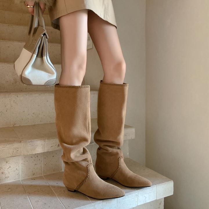 复古美拉德西部牛仔骑士靴女2025秋冬新款不过膝高筒褶皱堆堆靴子