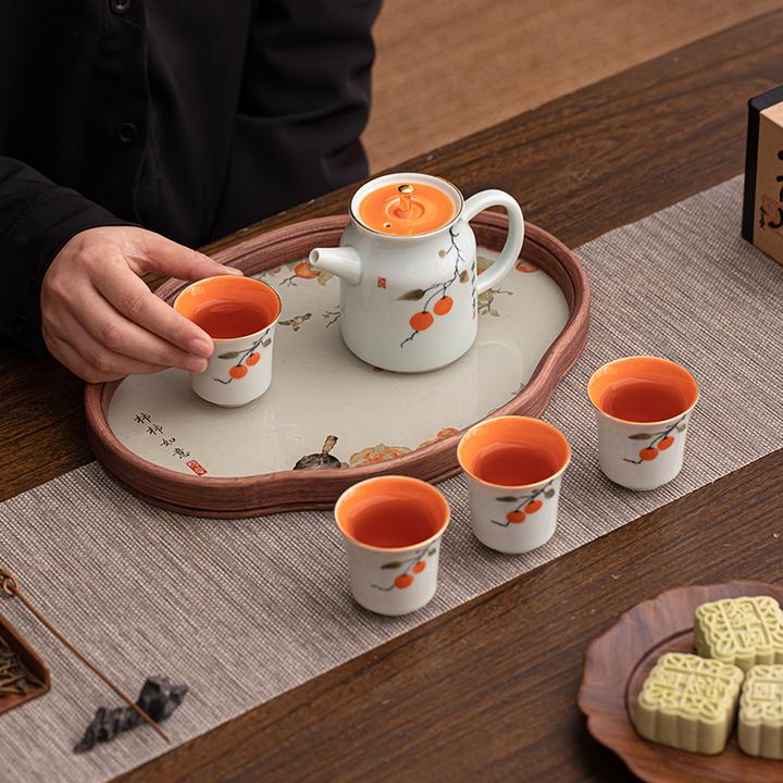 手绘柿柿如意茶具套装家用轻奢茶壶茶杯办公室简约干泡茶盘套组