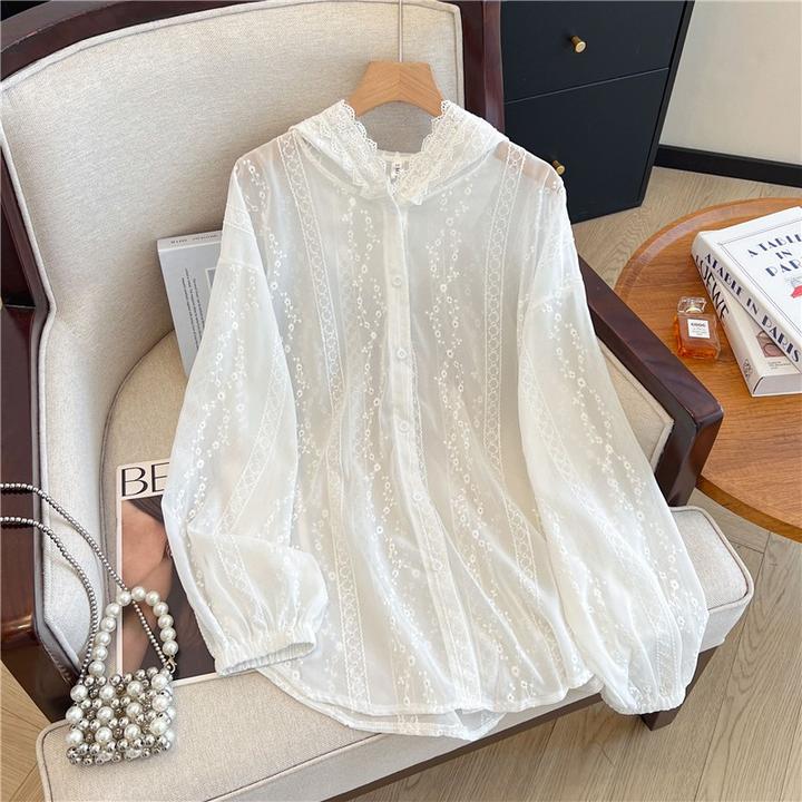 女装慵懒风蕾丝拼接连帽防晒衣服夏季刺绣空调衬衫外搭