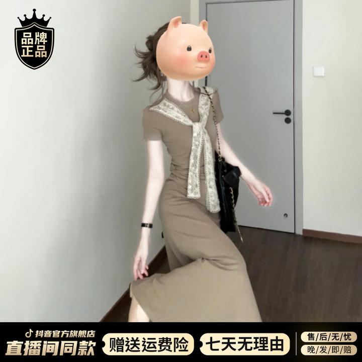 韩系蕾丝系带短袖连衣裙子女夏2025新款高级设计感收腰卡其色长裙