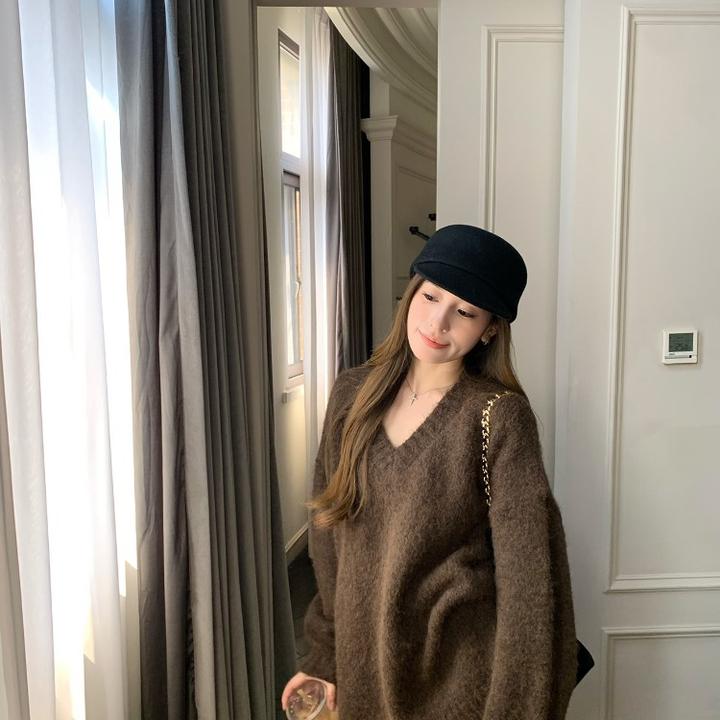 复古咖色宽松软糯高级感V领套头毛衣女秋冬外穿慵懒风针织上衣