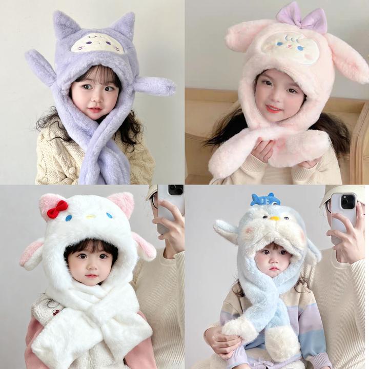 儿童耳朵会动保暖冬季护耳两件套女童一体毛绒帽加厚加绒男童卡通