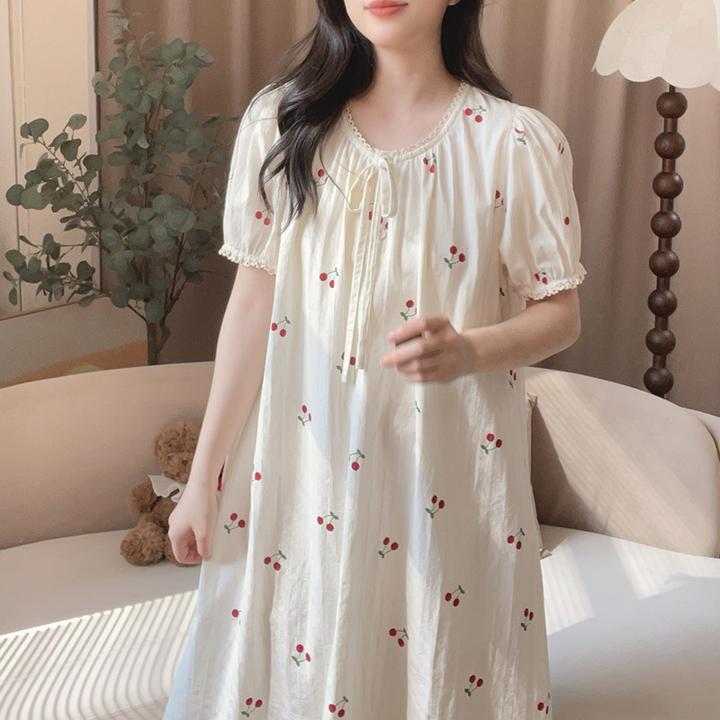 【5738樱桃】短袖中裙印花甜美纯棉春外穿公主家居服睡裙宽松