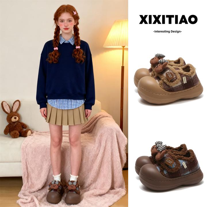 细细条 保暖格子蝴蝶结小熊亲子棉鞋魔术贴面包鞋女冬厚底毛毛鞋