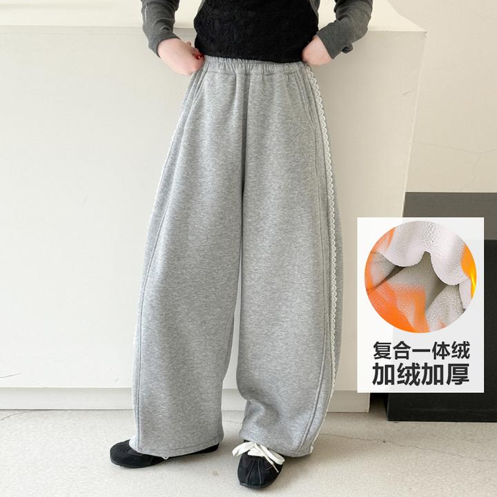 女童加绒裤子秋冬新款女大童初中生弯刀裤儿童一体绒运动裤15岁潮