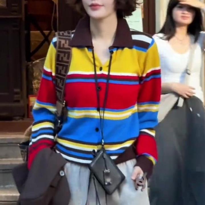韩系气质拼色上衣女2025年秋新款时尚减龄彩色条纹漂亮翻领Polo衫