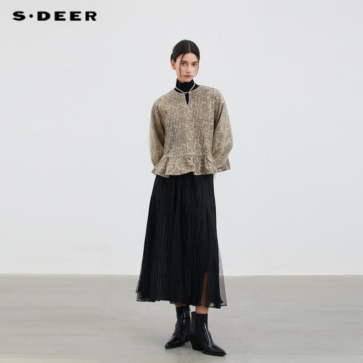 S·DEER圣迪奥女装秋季气质长袖碎花网纱时尚优雅褶皱短款圆领上衣