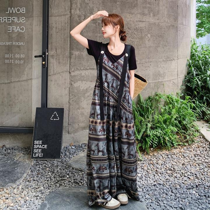 大方得体穿搭一整套印花背带阔腿裤休闲减龄黑色女生韩系ins短袖
