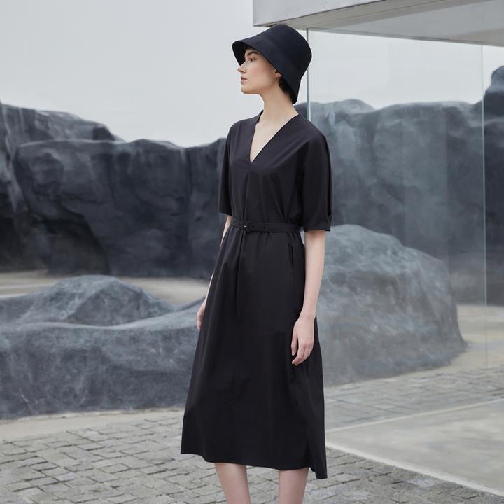 LESS夏季通勤感休闲短袖中长腰带连衣裙V领棉质职场长裙2O4G10710