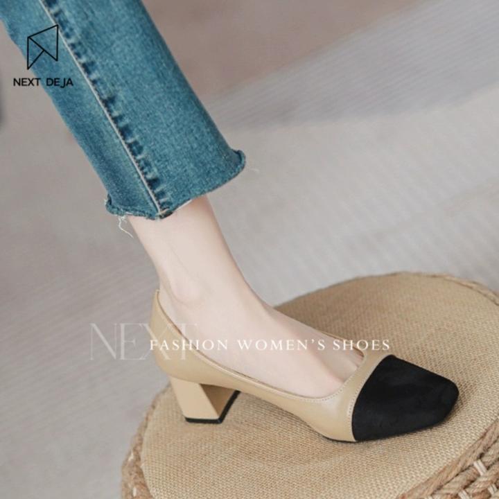 小羊皮小香风拼色高跟鞋女2025春秋新款法式浅口软皮中跟粗跟单鞋