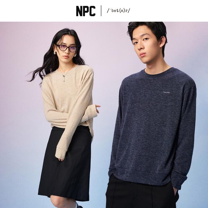 NPC潮牌仿兔绒刺绣长袖圆领T恤男打底衫懒宽松软糯NP57TL12
