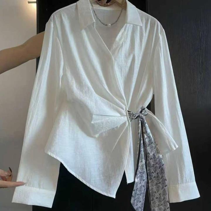 欧货不规则白色侧绑带丝带收腰衬衫女秋季新款小众设计感别致上衣