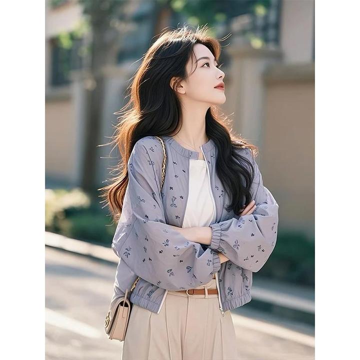 休闲长袖防晒衣短外套女2025夏季新款减龄韩系慵懒碎花防晒服上衣