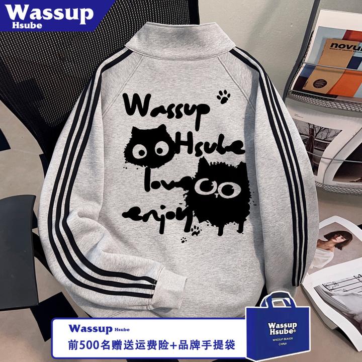 WASSUP HSUBE街头秋冬季半拉链卫衣男女上衣黑猫脚印字母印花开衫