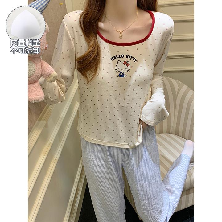 带胸垫睡衣女款爆款2025新款宽松大码可外穿长袖家居服春秋季套装