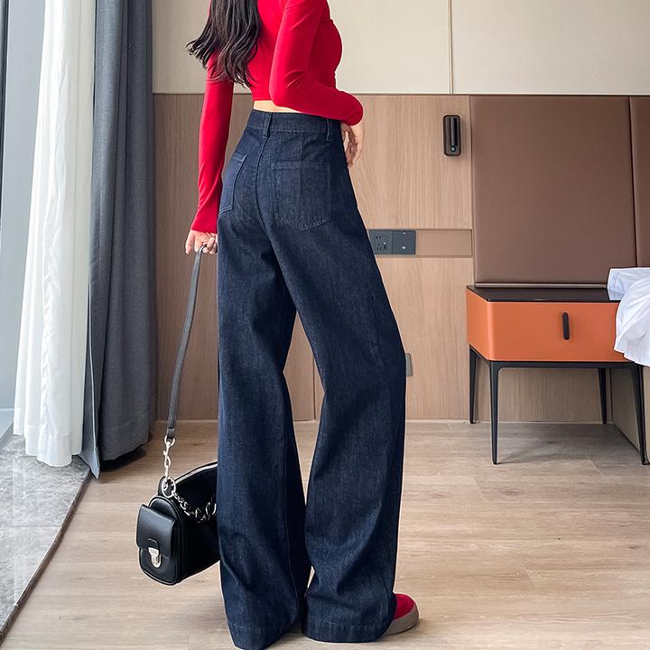 深蓝色牛仔裤女秋季2025新款松弛感美式复古高腰显瘦直筒阔腿裤子