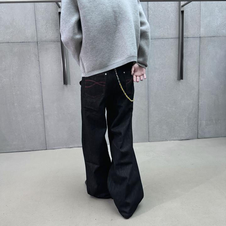 K12 25红刃原牛 A字阔版牛仔裤 宽松百搭拖地裤 cleanfit红线黑牛