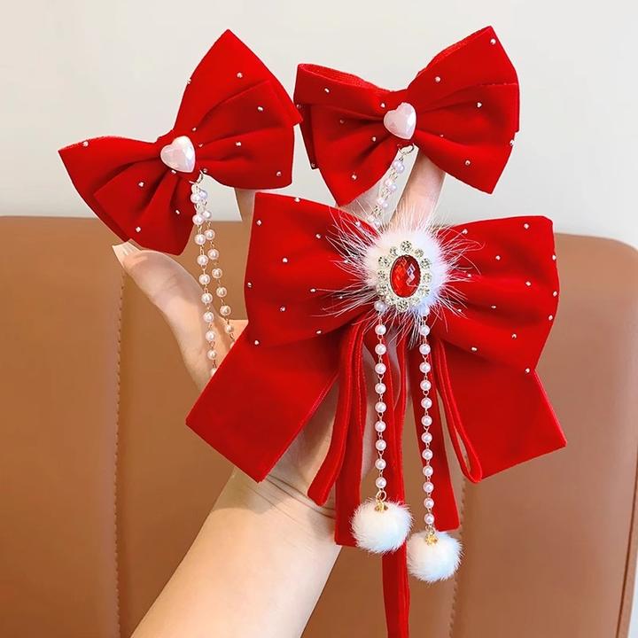 洋气韩版蝴蝶结古风新年红色发卡过年气质夹子简约可爱百搭边夹