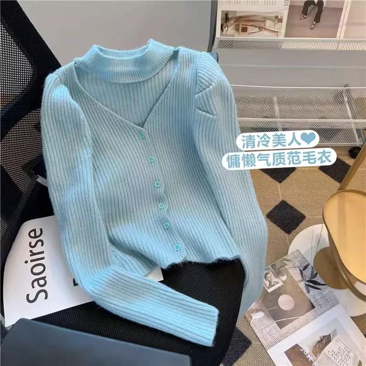 2024法式泡泡袖洋气针织开衫女冬新款韩版挂脖式V领小心机ins上衣