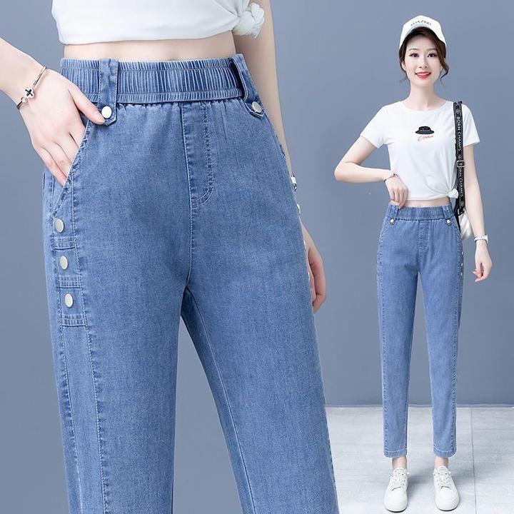 夏季薄款高腰天丝牛仔裤女2025新款松紧腰百搭显瘦冰丝直筒九分裤