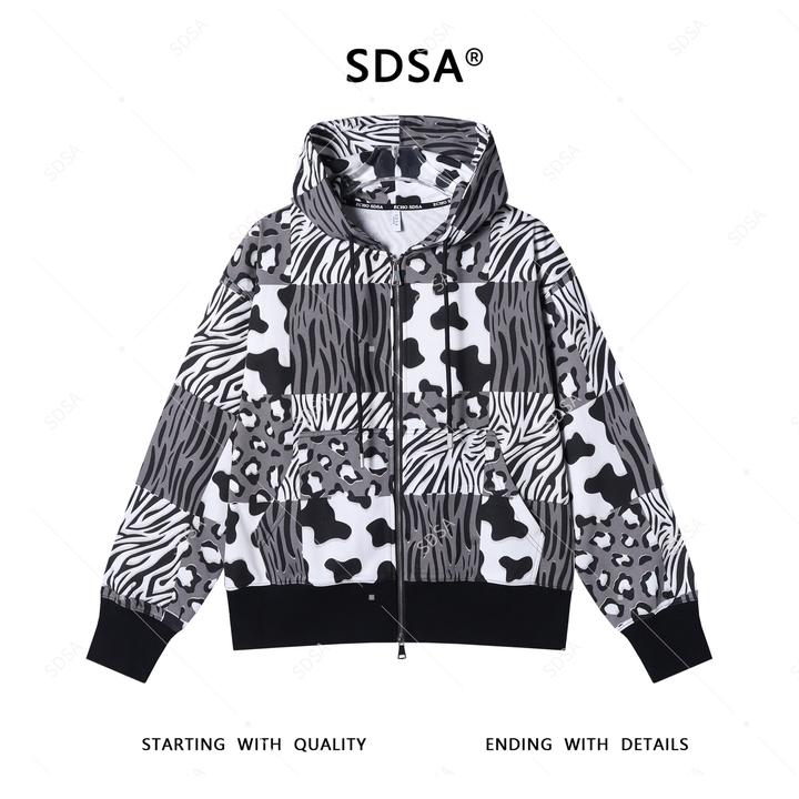 SDSA男士2025新款轻奢痞帅男装撞色斑马纹设计拉链连帽卫衣外套