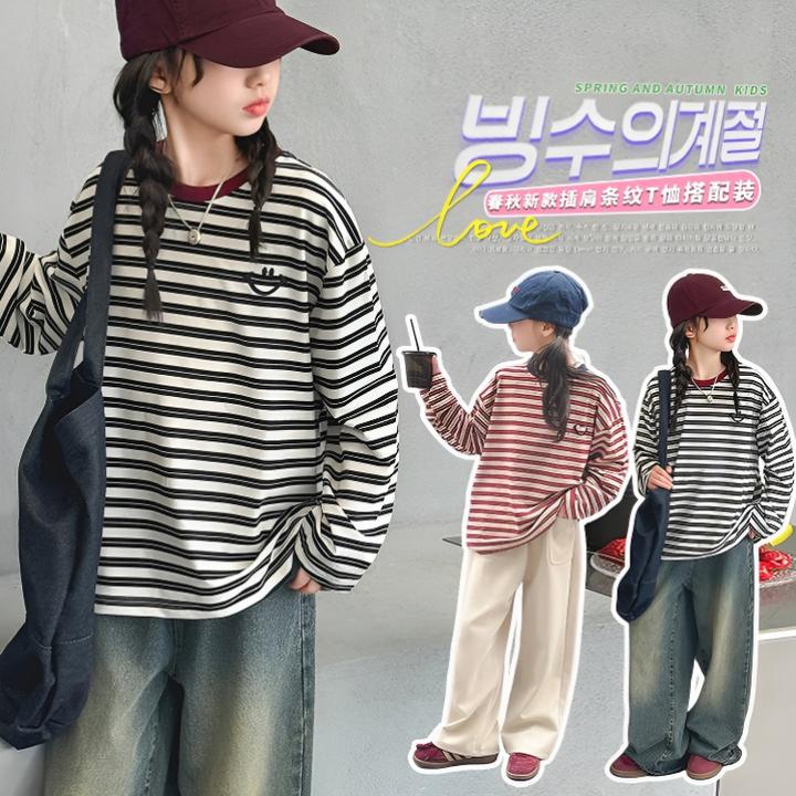 女童新款洋气2025春夏T恤百搭秋季打底衫条纹中大童长袖宽松韩版