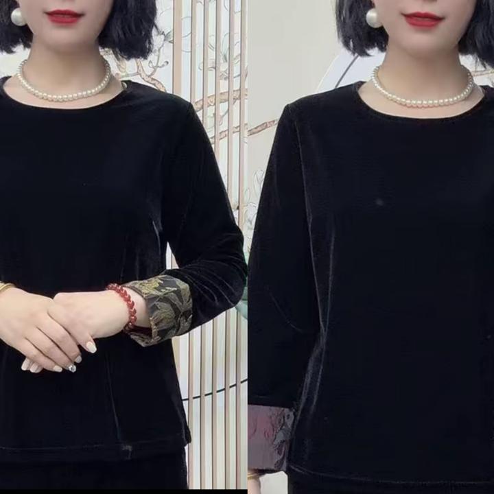（单件上衣）中老年妈妈装丝绒圆领长袖打底衫宽松休闲上衣