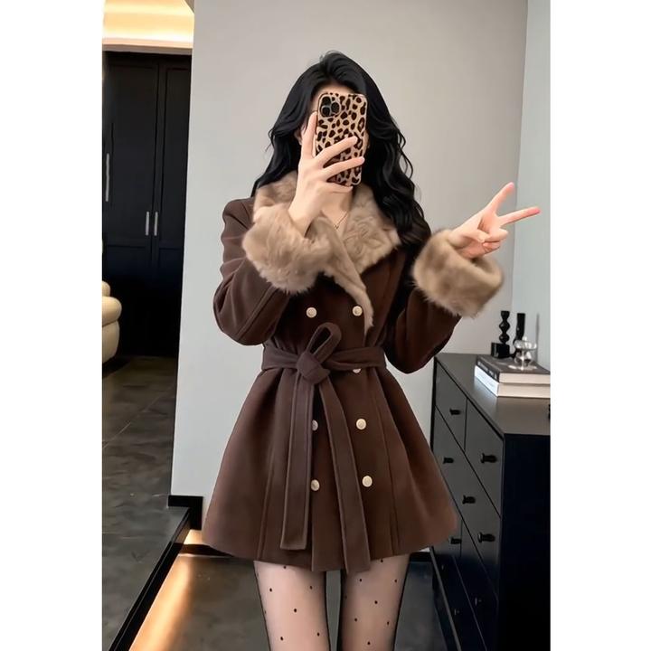 【古着秀场】夹棉加厚千金氛围感系带收腰双排扣翻领毛呢大衣外套