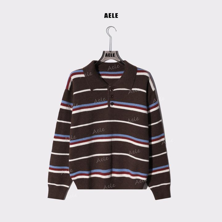 AELE慵懒撞色条纹时尚百搭翻领针织衫毛衣内搭必备X855 3575 AD