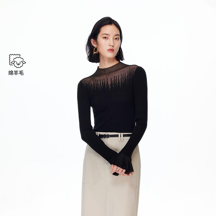 Vero Moda针织衫【繁星缀梦】绵羊毛钉珠荷叶袖流光风百搭老钱风